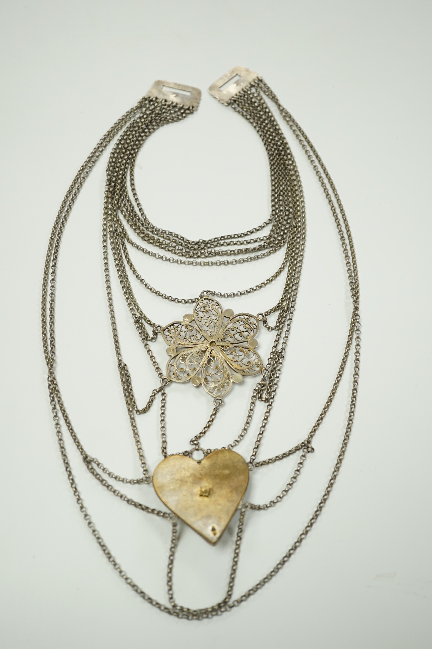 A 19th century Austro-Hungarian? white metal and semi-precious gem set multi chain necklace, 62cm.